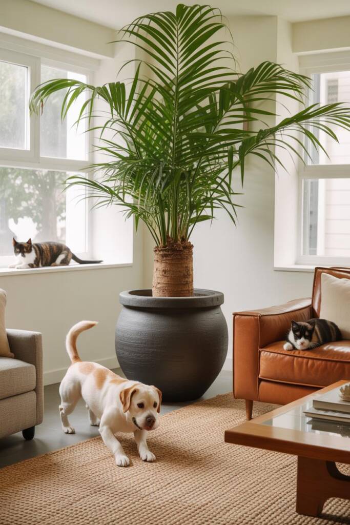 A corner of a modern living room featuring a tall parlor palm in a massive textured ceramic planter weighing over 40 pounds w
