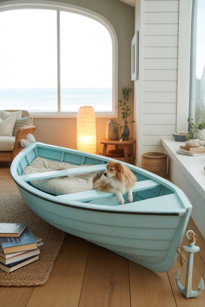 A small wooden dinghy boat freshly painted in soft powder blue, placed in a bright modern coastal living room corner. A mediu
