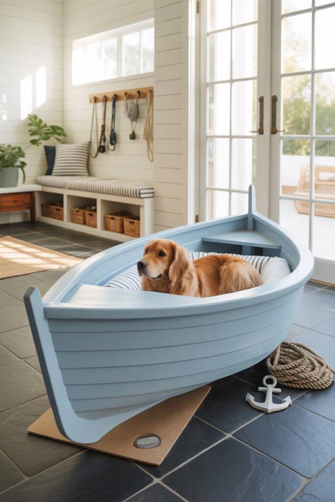 A small wooden dinghy boat freshly painted in soft powder blue, placed in a bright modern coastal living room corner. A mediu