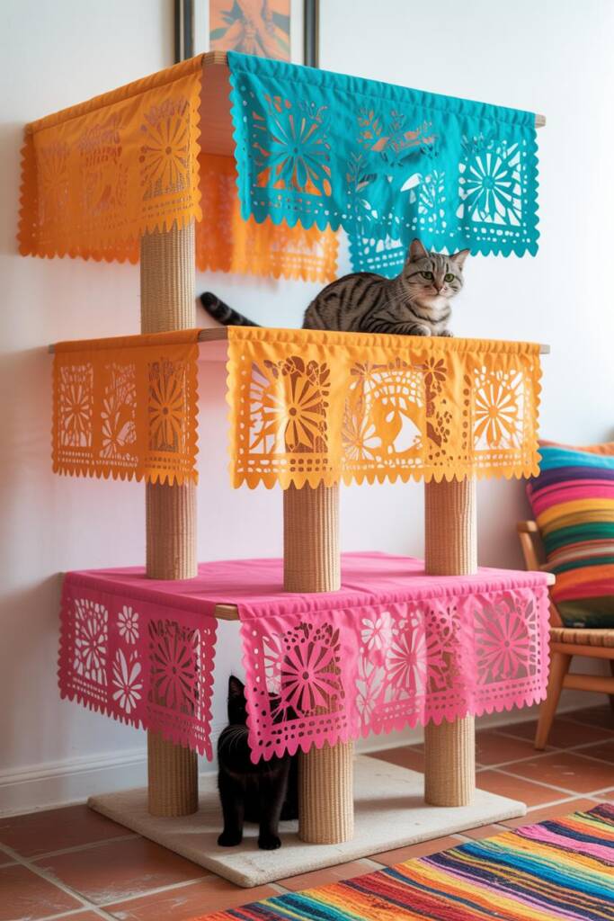 A whimsical three-platform cat tower with delicate perforated fabric canopies draped over each level in traditional papel pic