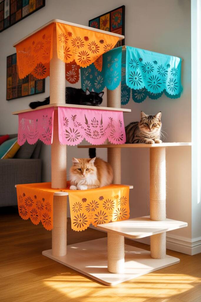 A whimsical three-platform cat tower with delicate perforated fabric canopies draped over each level in traditional papel pic