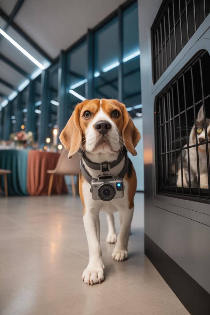 A cheerful labrador wearing a lightweight action camera mounted on a comfortable harness walking through a wedding reception,
