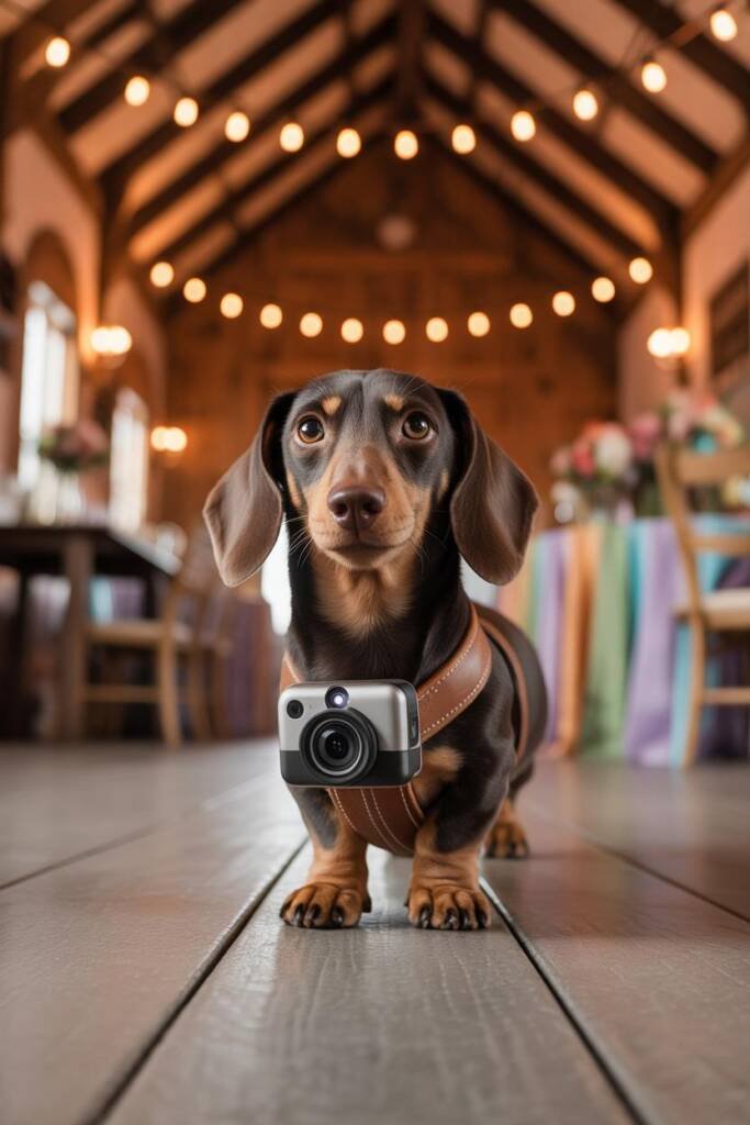 A cheerful labrador wearing a lightweight action camera mounted on a comfortable harness walking through a wedding reception,