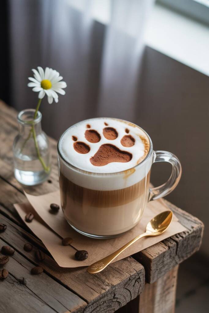 Top view latte with sharp cocoa paw stencil: one large pad and four toe dots on smooth microfoam; crisp edges, light cinnamon