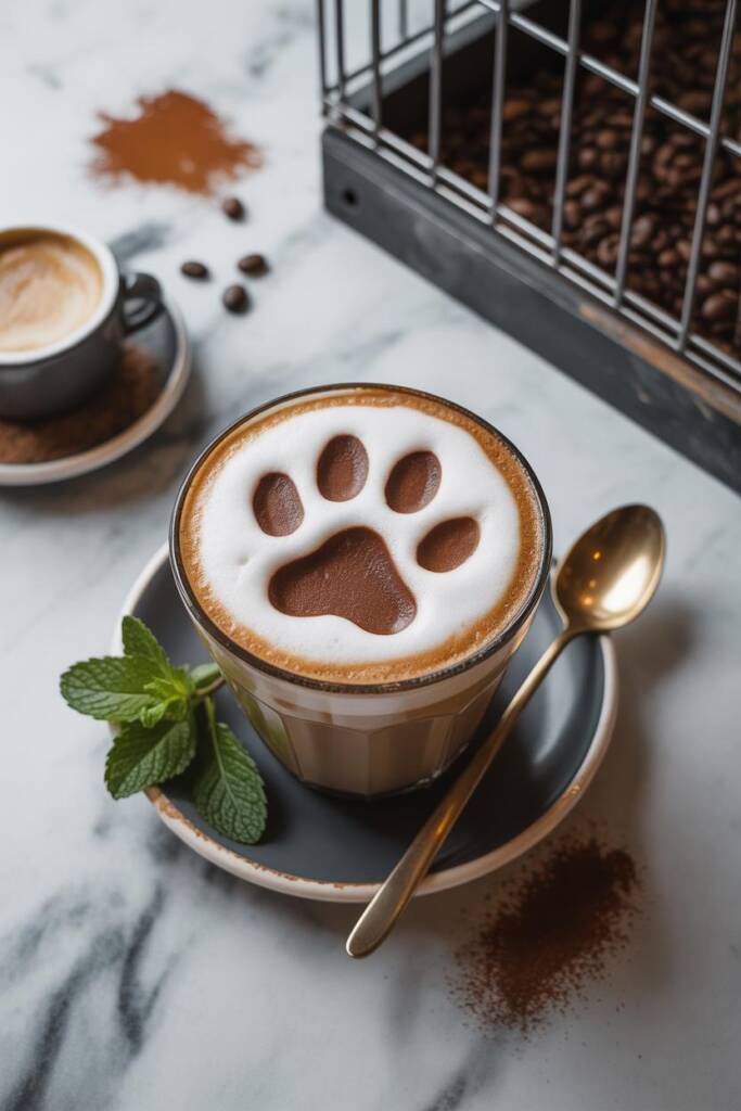Top view latte with sharp cocoa paw stencil: one large pad and four toe dots on smooth microfoam; crisp edges, light cinnamon