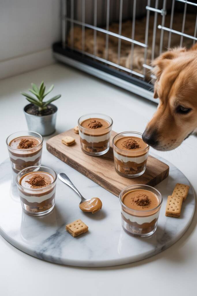 Overhead flat lay photograph of elegant layered dog treats in clear glass cups arranged on a rustic wooden board. Each cup sh