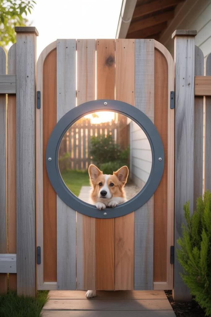 A curious corgi looking through a 12x12 inch square window cut into a wooden privacy fence at dog eye height, clear acrylic p