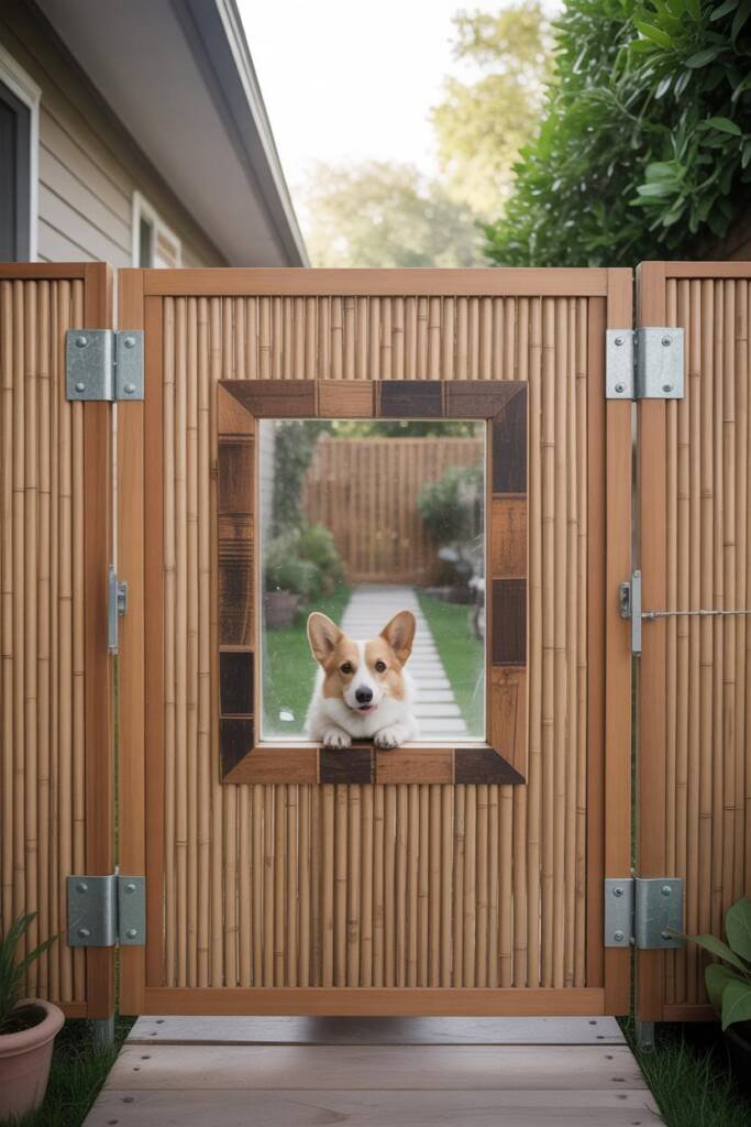 A curious corgi looking through a 12x12 inch square window cut into a wooden privacy fence at dog eye height, clear acrylic p