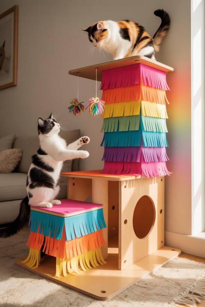A playful multi-level cat tower with platforms covered in colorful tissue paper fringe in rainbow colors cascading downward l