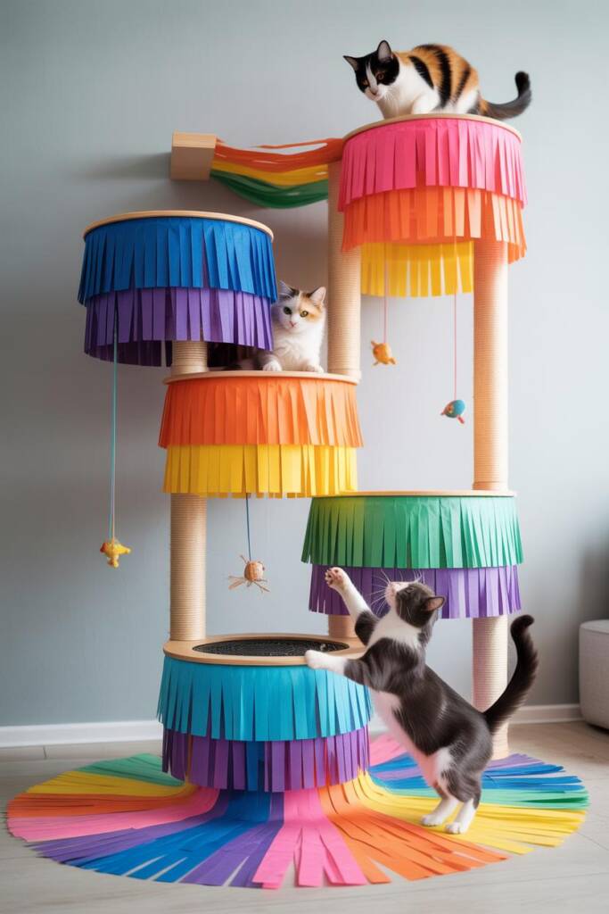 A playful multi-level cat tower with platforms covered in colorful tissue paper fringe in rainbow colors cascading downward l