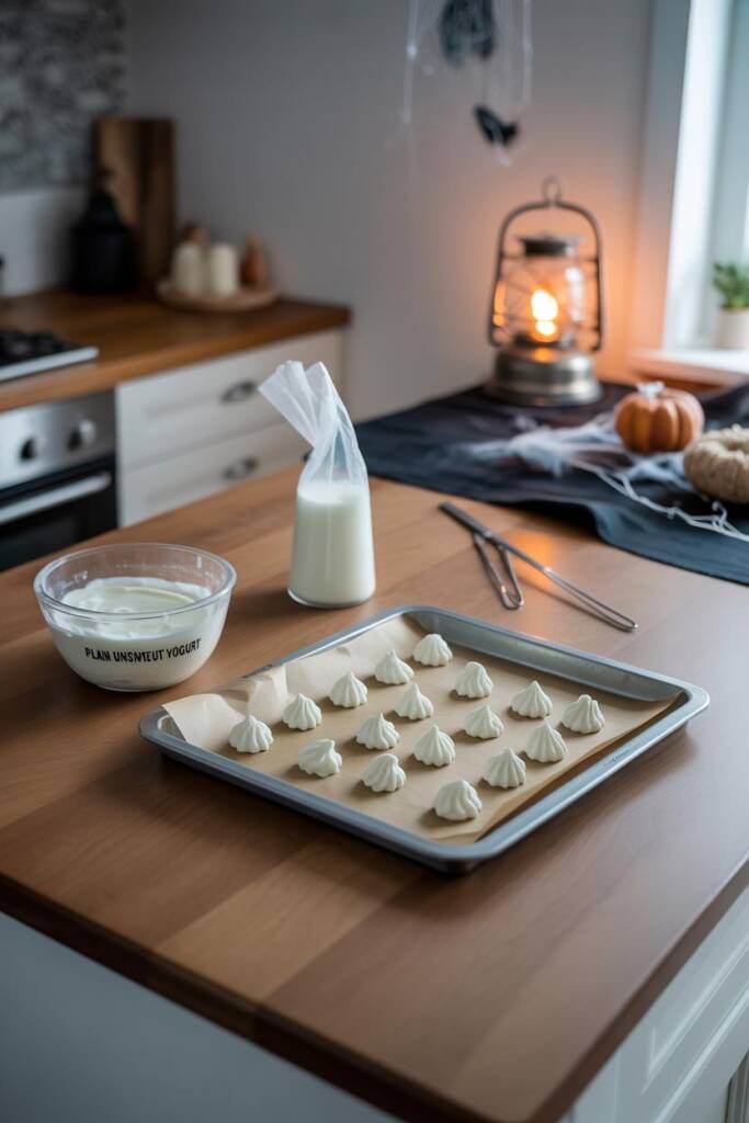 Parchment sheet on baking tray dotted with white ghost-shaped yogurt drops, piping bag beside it, bowl labeled “Plain Unsweet