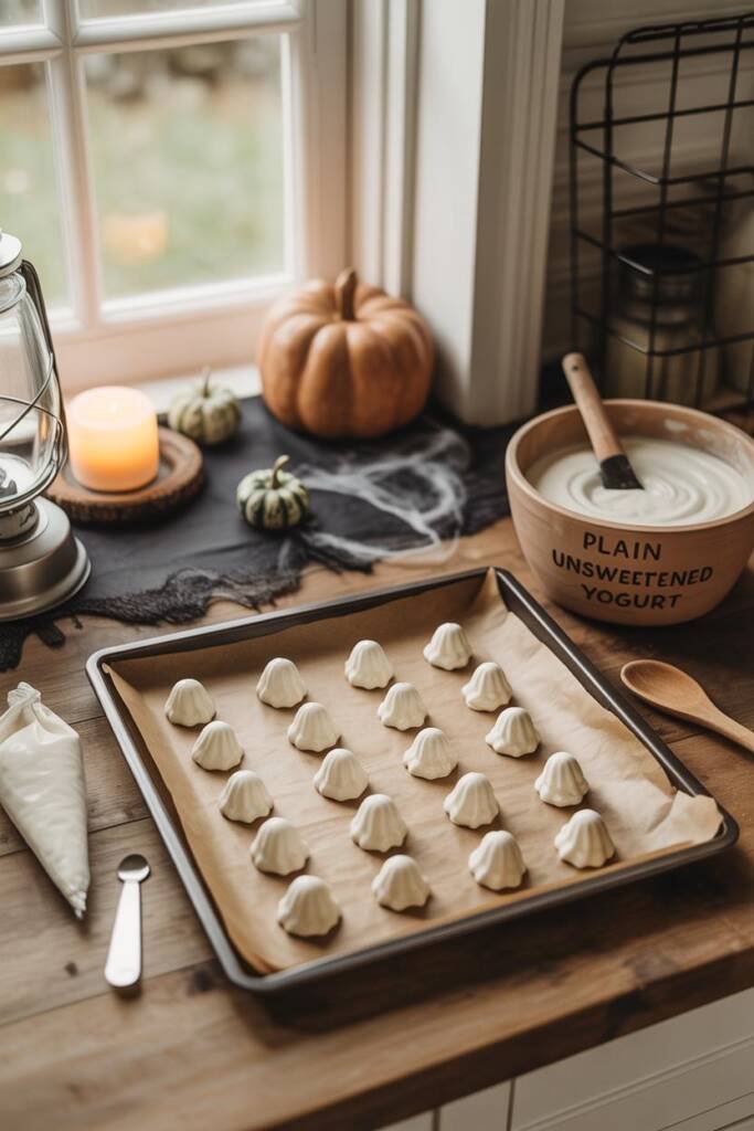 Parchment sheet on baking tray dotted with white ghost-shaped yogurt drops, piping bag beside it, bowl labeled “Plain Unsweet