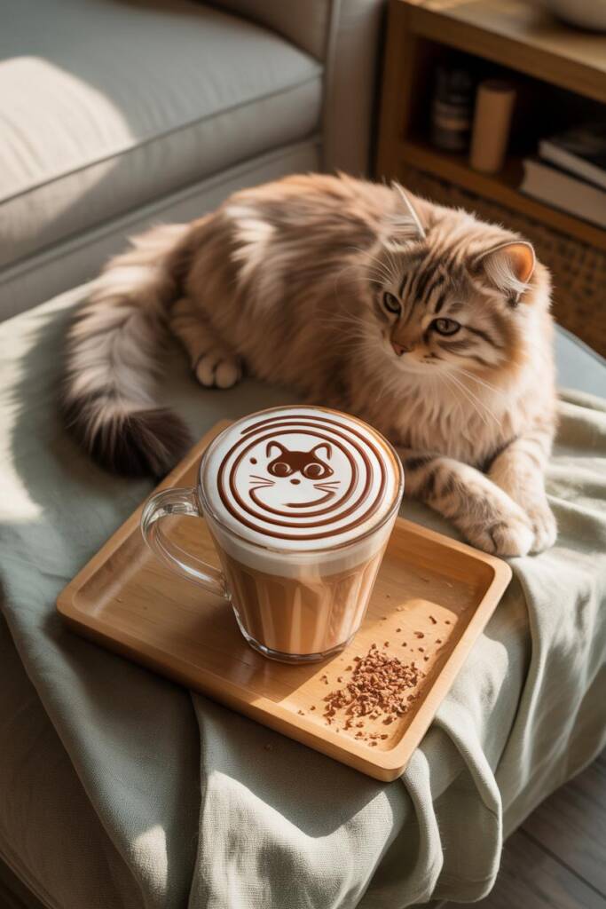 Top-down latte with a chocolate spiral starting center and widening outward; at the spiral’s start, a small round face with e