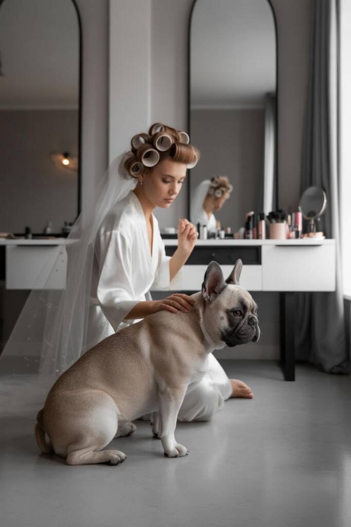 A serene Australian shepherd resting their head on a bride's lap in a bright bridal suite, the bride in a white robe with her