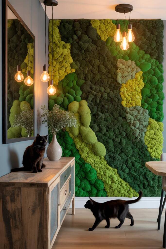 A stylish hallway featuring a large preserved moss wall panel in rich forest green tones with natural texture variations. A s