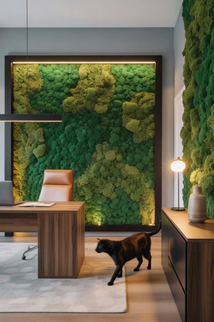 A stylish hallway featuring a large preserved moss wall panel in rich forest green tones with natural texture variations. A s