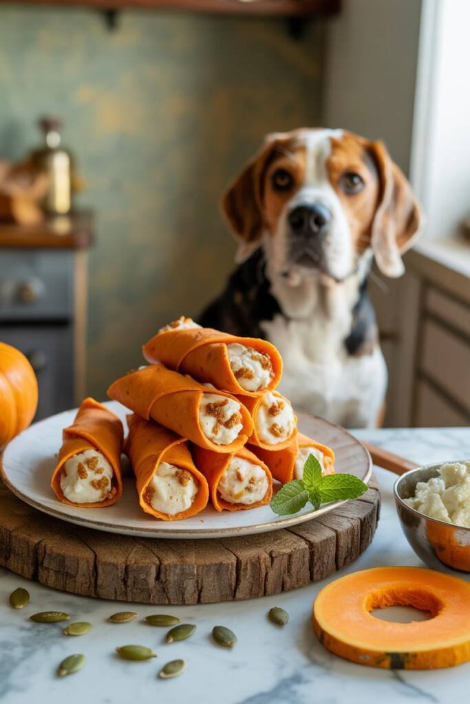Close-up food photography of orange-hued cannoli-style dog treats arranged on a white ceramic plate. Thin baked sweet potato