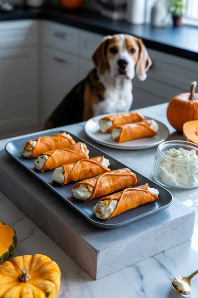 Close-up food photography of orange-hued cannoli-style dog treats arranged on a white ceramic plate. Thin baked sweet potato