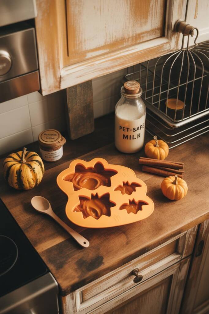 Overhead on a dark kitchen counter: pumpkin and bat-shaped silicone molds filled with orange pumpkin puree, a small jar of go