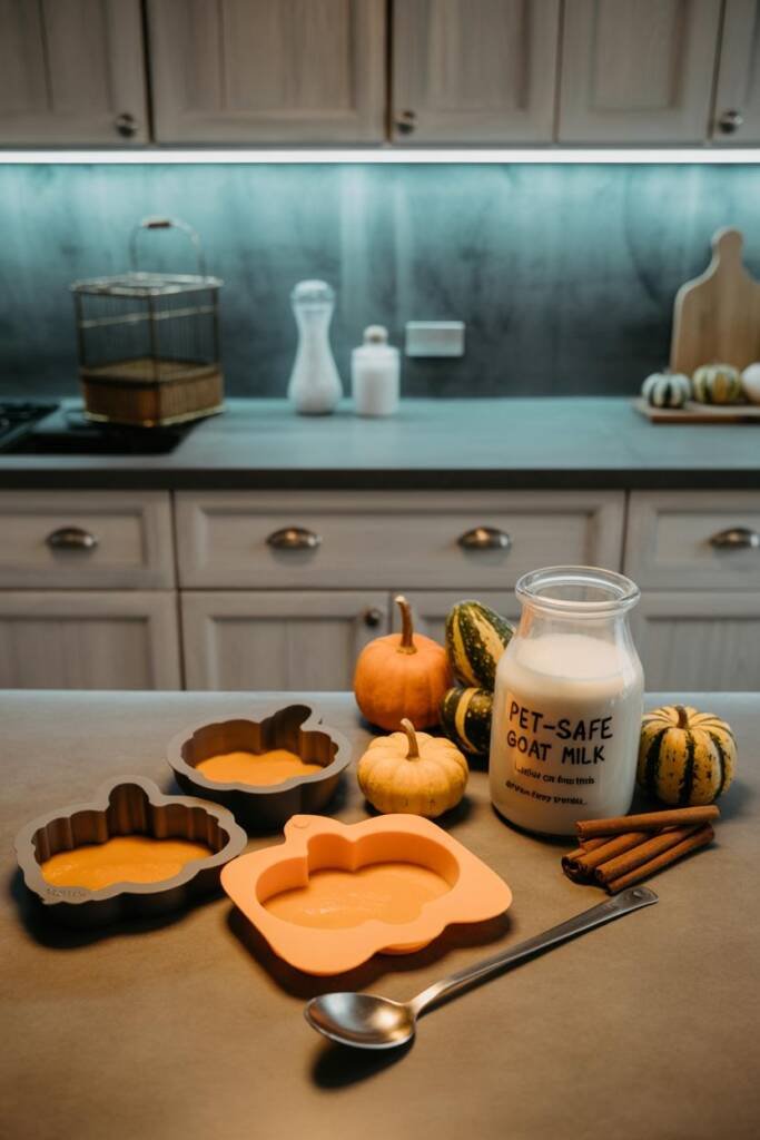 Overhead on a dark kitchen counter: pumpkin and bat-shaped silicone molds filled with orange pumpkin puree, a small jar of go