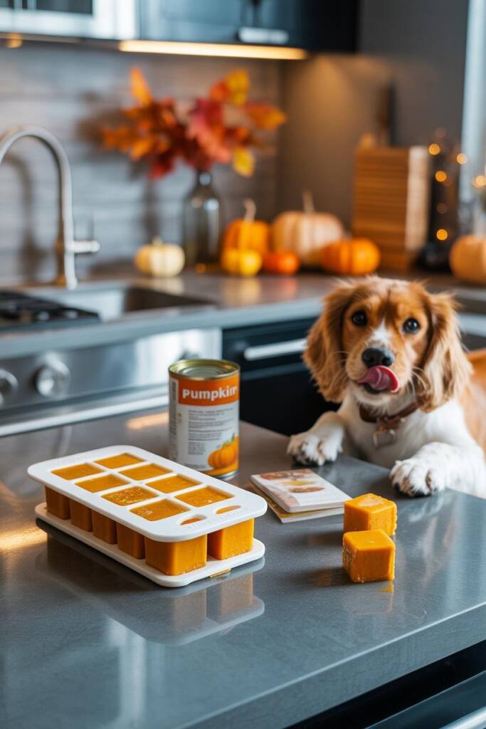 A warm, cozy autumn scene featuring bright orange pumpkin puree frozen cubes in a silicone ice cube tray on a kitchen counter