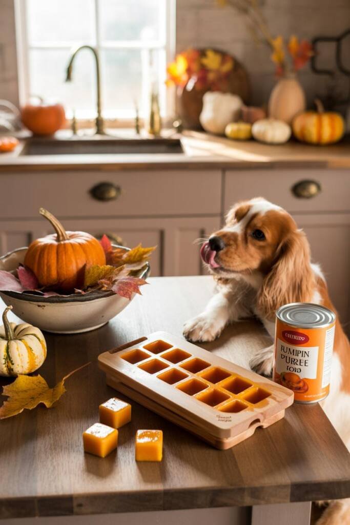 A warm, cozy autumn scene featuring bright orange pumpkin puree frozen cubes in a silicone ice cube tray on a kitchen counter