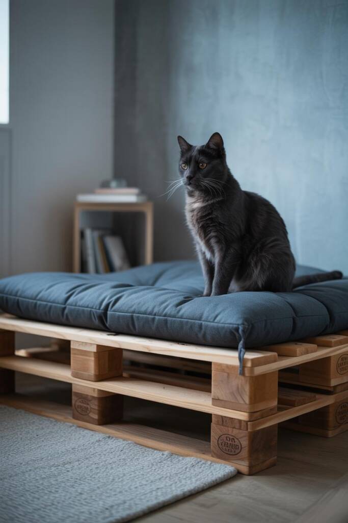 A chocolate labrador resting on a beautifully stained wooden pallet topped with a fitted mattress pad in navy blue. The palle