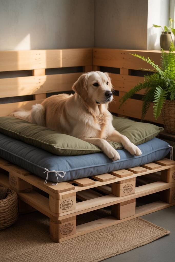 A chocolate labrador resting on a beautifully stained wooden pallet topped with a fitted mattress pad in navy blue. The palle