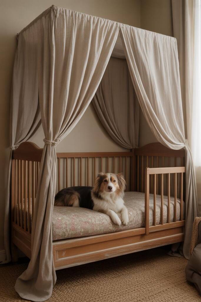 A sheltie lying in a white-painted baby crib with one side removed for access and sheer ivory curtains draped from top rails.