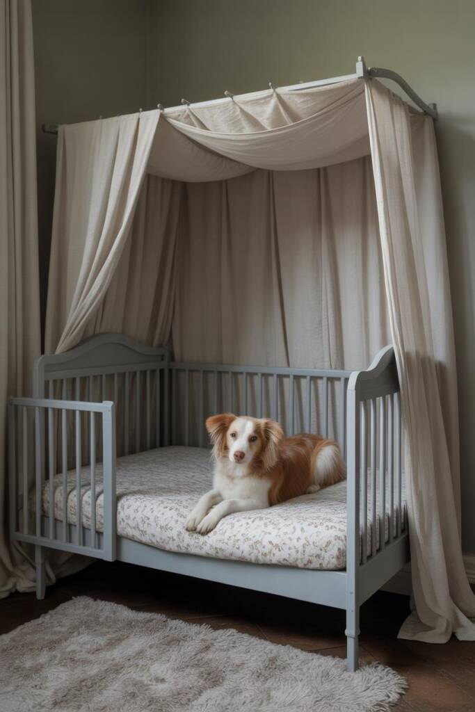 A sheltie lying in a white-painted baby crib with one side removed for access and sheer ivory curtains draped from top rails.
