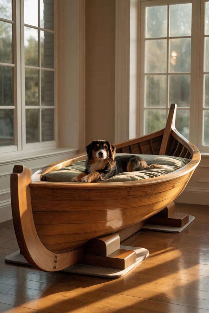 A professionally restored antique wooden rowing shell with museum-quality finish, showcasing beautiful wood grain, expert joi