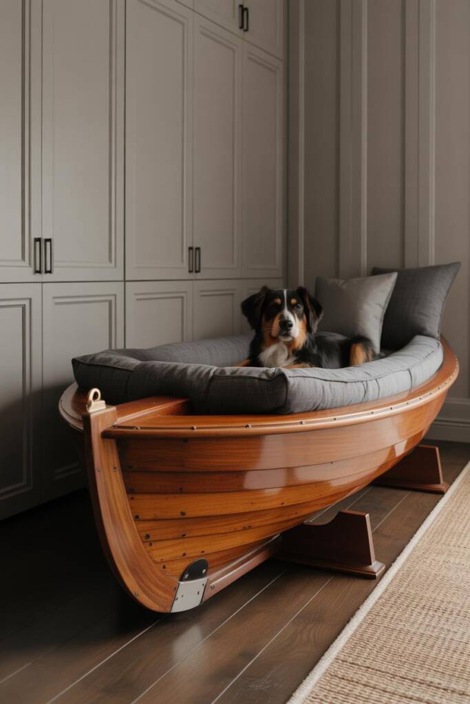 A professionally restored antique wooden rowing shell with museum-quality finish, showcasing beautiful wood grain, expert joi