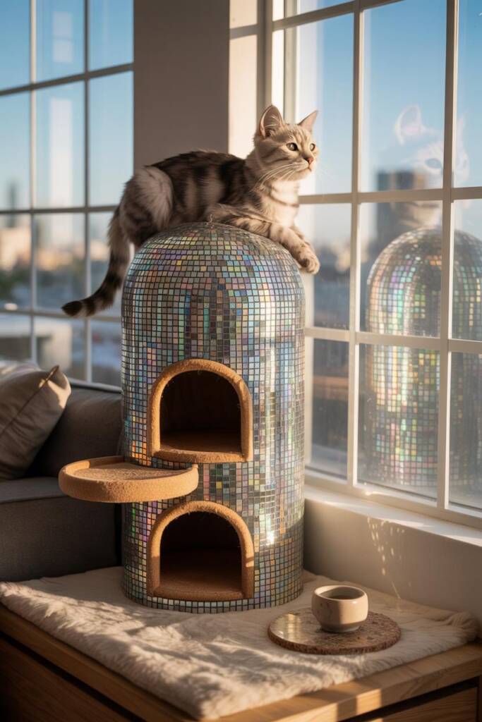 Tall tower capped with smooth rounded domes clad in iridescent mosaic; mirror-tile accents catching window light; rounded per