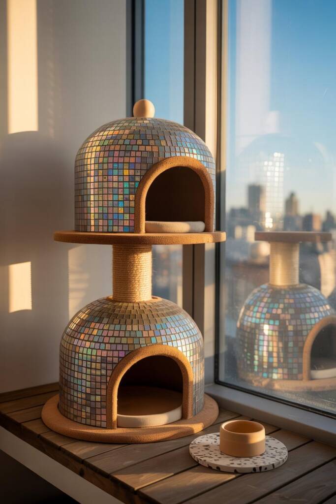 Tall tower capped with smooth rounded domes clad in iridescent mosaic; mirror-tile accents catching window light; rounded per