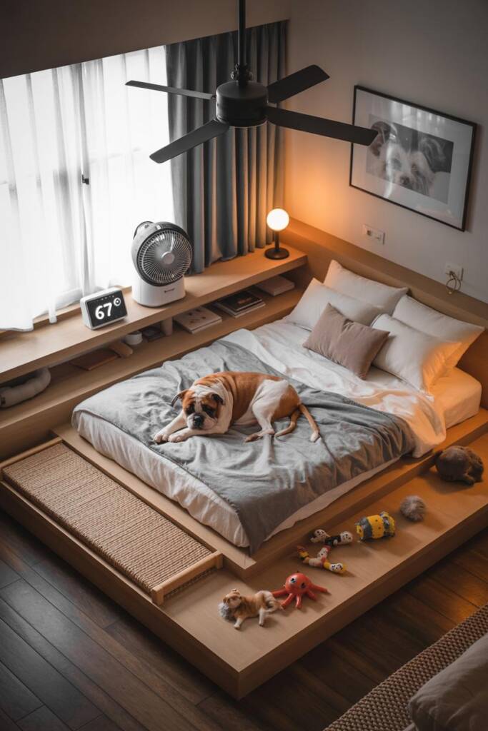 Bird's eye view floor plan style image showing English Bulldog's "breathing easy zone" in a dedicated corner of a bedroom, el