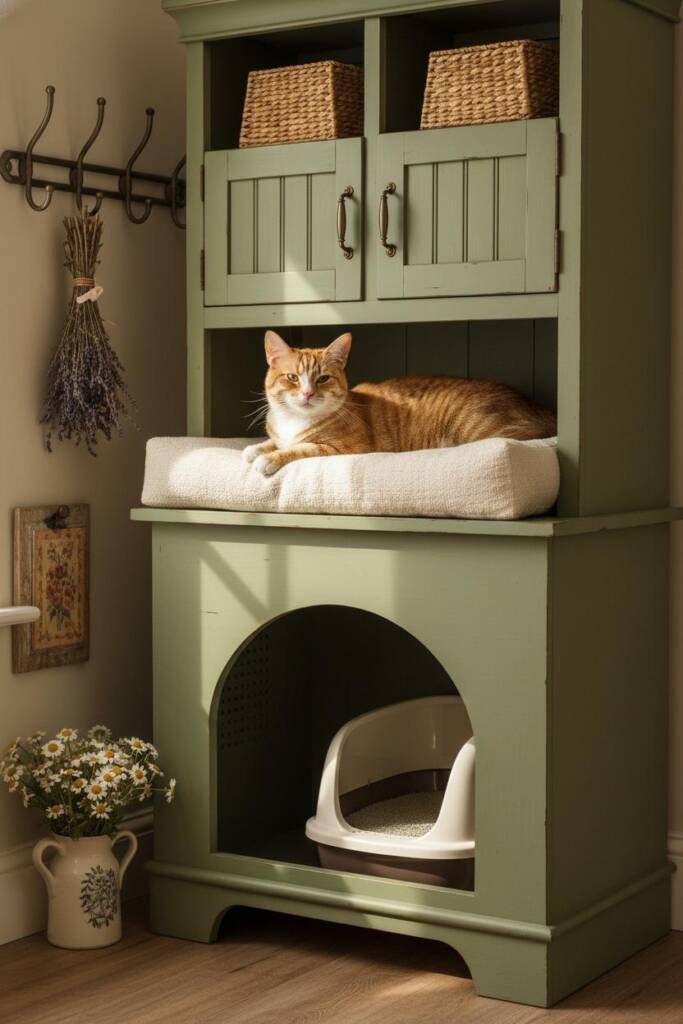 Charming cabinet in distressed sage green or weathered white finish with vertical beadboard paneling on doors, oil-rubbed bro