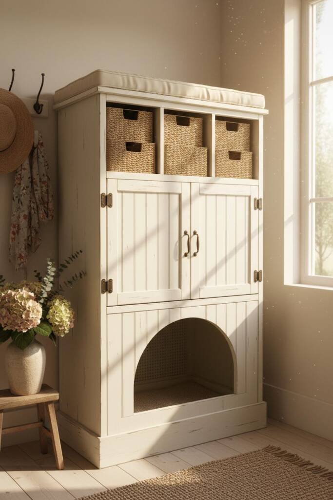 Charming cabinet in distressed sage green or weathered white finish with vertical beadboard paneling on doors, oil-rubbed bro