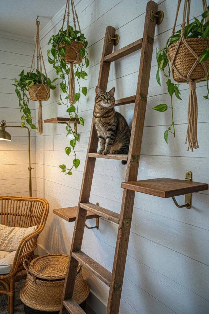 Weathered vintage wooden ladder leaning at 70-degree angle against white shiplap wall reminiscent of Van Gogh's Chair paintin
