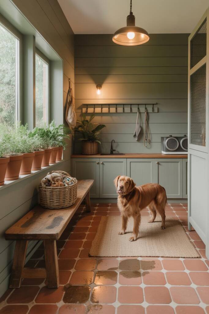 Functional mudroom with sage green lower cabinets, terracotta penny tile flooring with water puddles and dirt barely showing,