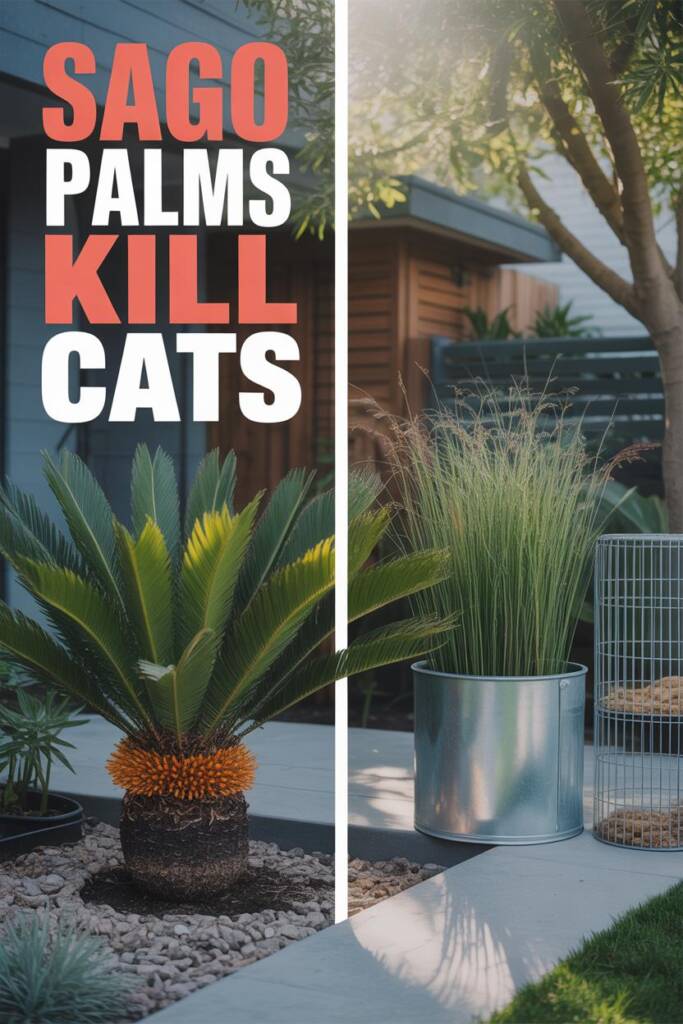 Side-by-side vertical collage: left side shows sago palm with characteristic dark green fronds and visible orange seed cones