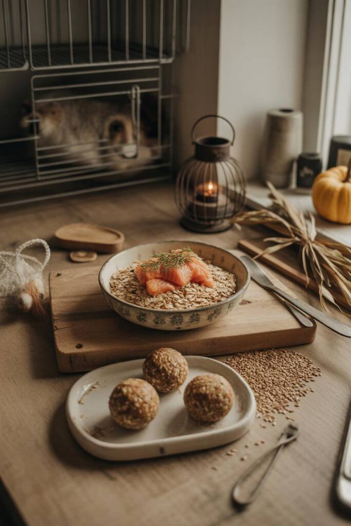 Marble surface with oat and salmon mixture in a bowl, flaked salmon visible, energy balls on a small tray, flaxseed scattered