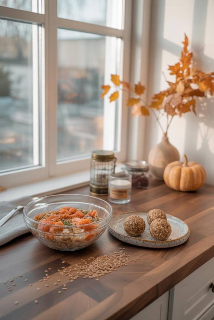 Marble surface with oat and salmon mixture in a bowl, flaked salmon visible, energy balls on a small tray, flaxseed scattered