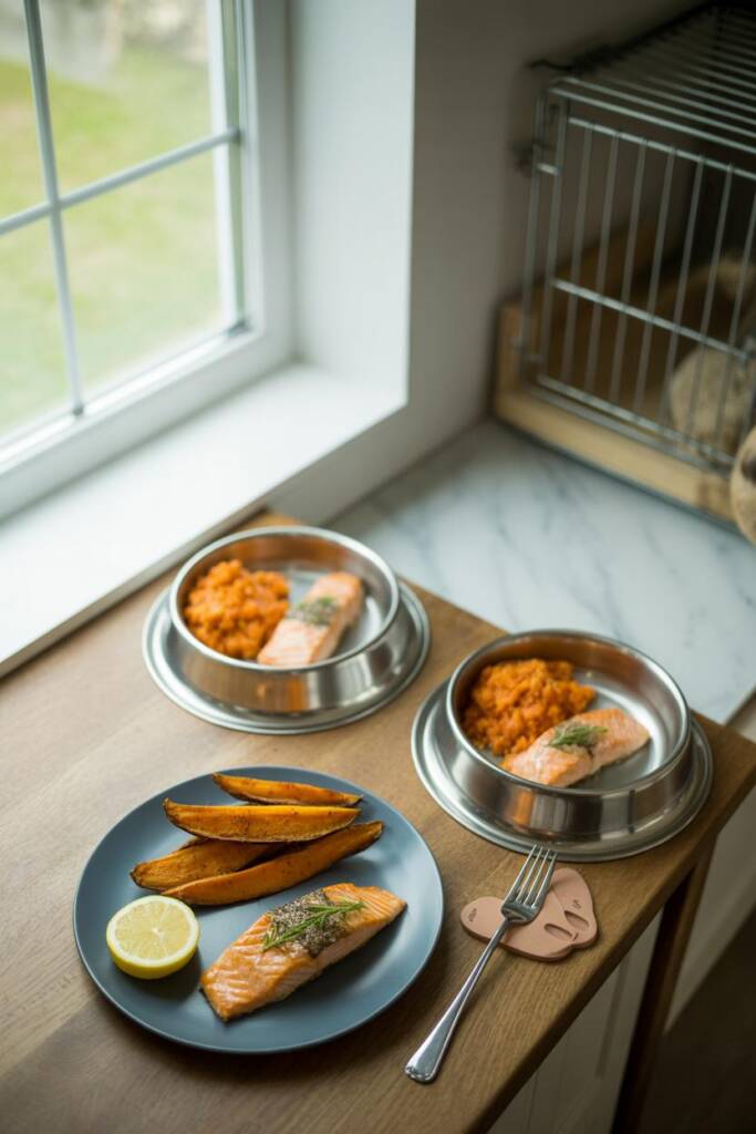 Overhead plate set: human plate with flaked salmon + lemon wedge + herbs beside roasted sweet potato; dog bowl with plain bon