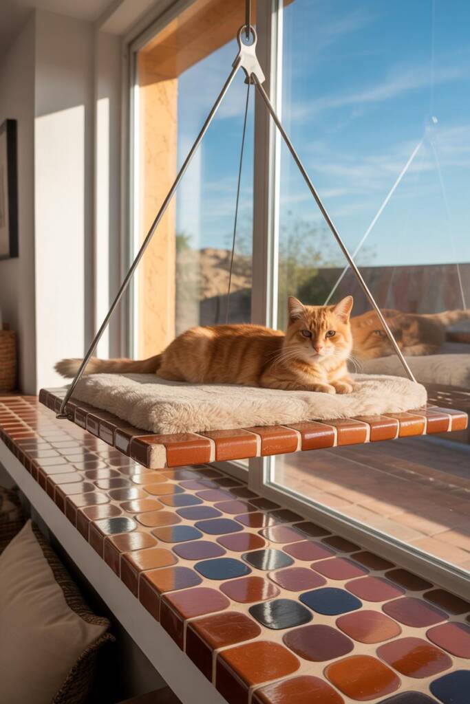 A sturdy window-mounted cat perch featuring the geometric pattern of traditional Saltillo tiles in warm reddish-brown terraco