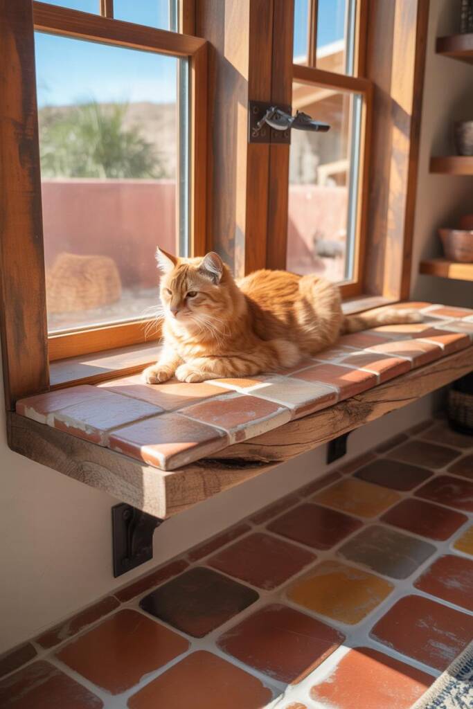 A sturdy window-mounted cat perch featuring the geometric pattern of traditional Saltillo tiles in warm reddish-brown terraco