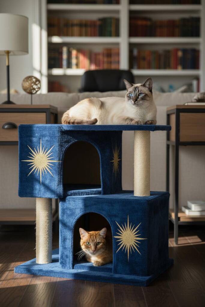 A ziggurat-style stepped pyramid cat condo in rich navy sapphire blue velvet with four ascending tiers. Each level features a