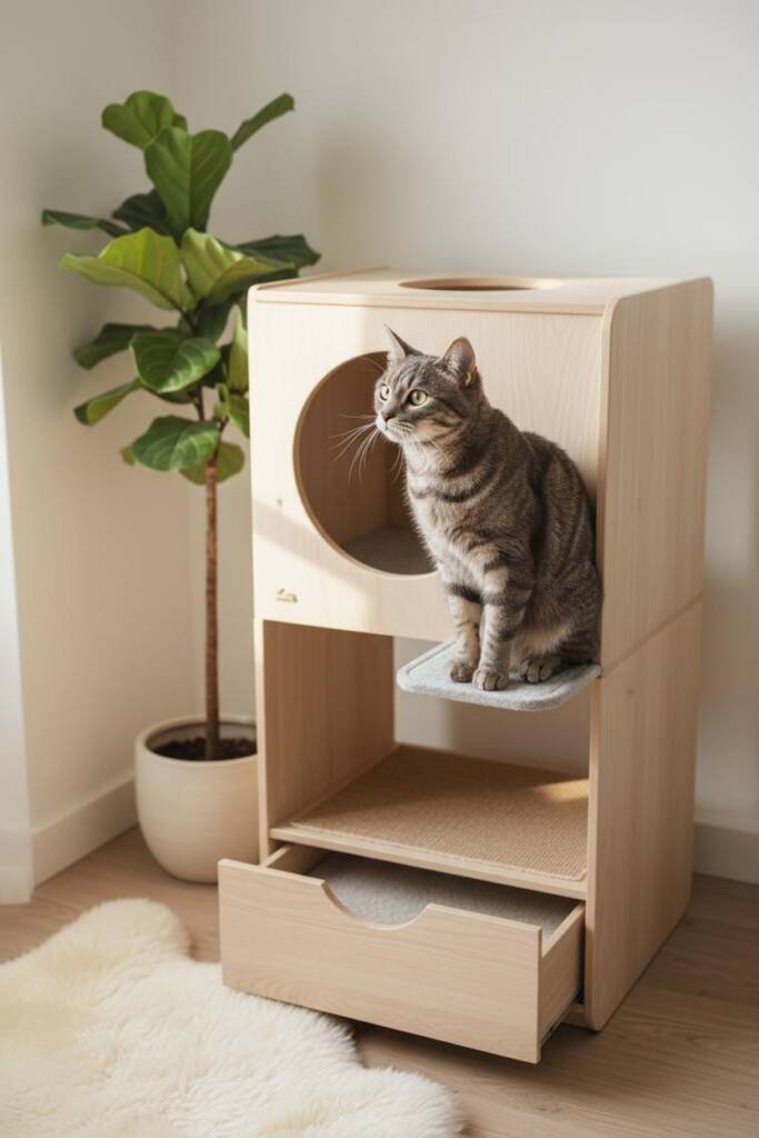 Sleek tower in blonde birch wood with rounded corners and soft edges, top-entry litter chamber with circular opening cats acc