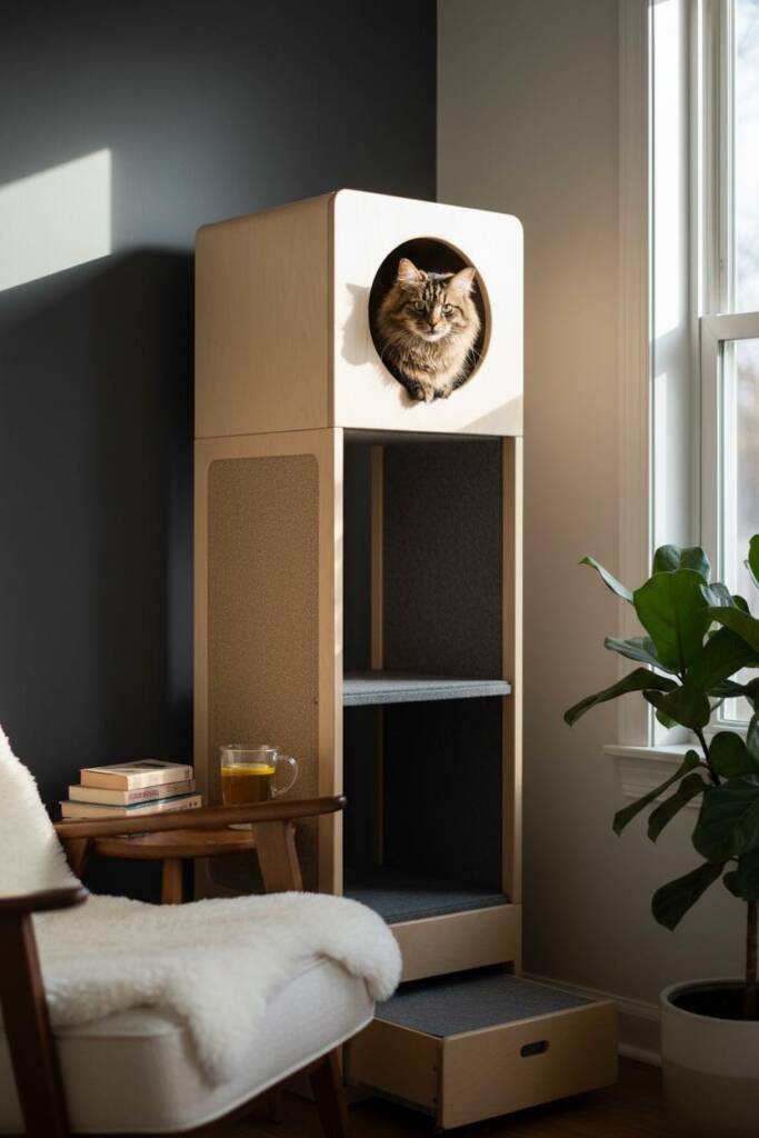 Sleek tower in blonde birch wood with rounded corners and soft edges, top-entry litter chamber with circular opening cats acc
