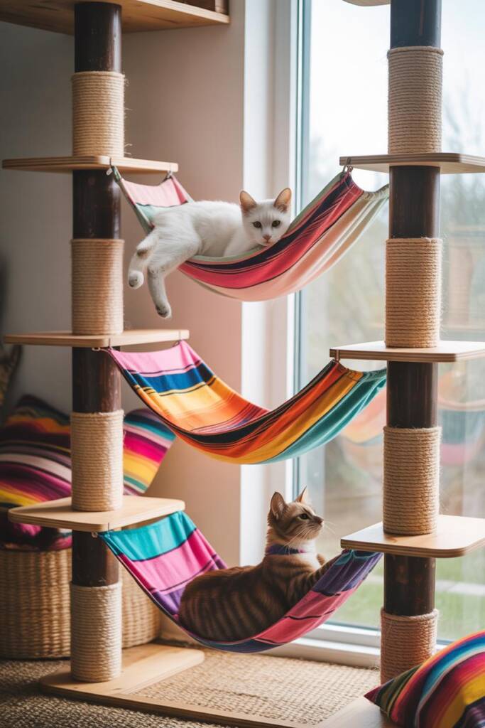 A multi-level cat tree featuring vibrant striped serape fabric hammocks suspended between dark wood posts. The hammocks displ