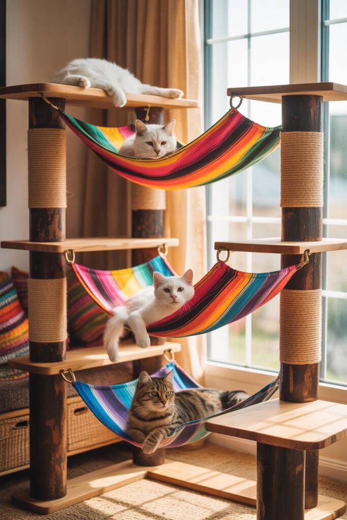 A multi-level cat tree featuring vibrant striped serape fabric hammocks suspended between dark wood posts. The hammocks displ